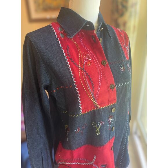 VTG Napa Valley Petites Womens Patchwork Denim Button Down Shirt Top SMALL Jean - Picture 10 of 16